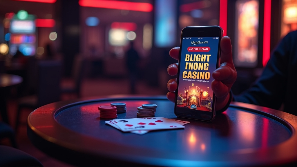 Nuovo giocatore verifica il bonus di benvenuto in un casinò illuminato al neon